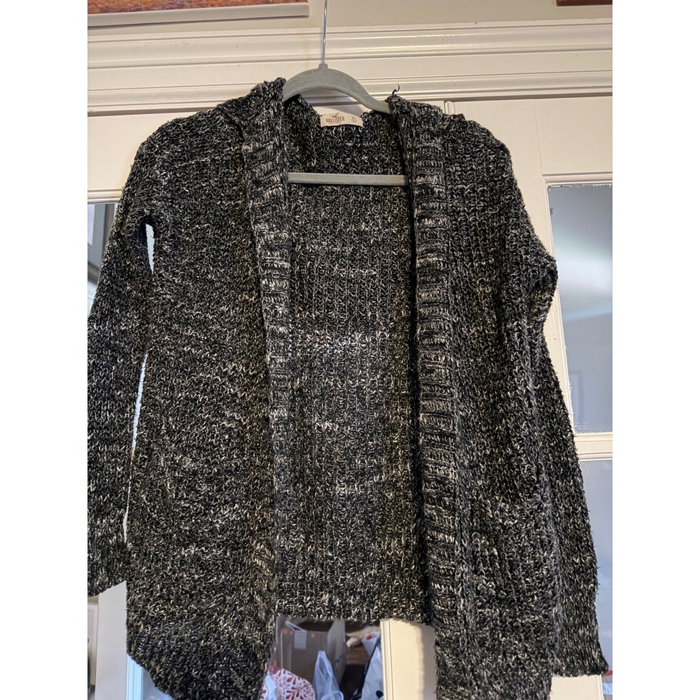 Hollister Womens XS Gray White Marled‎ Knit Open Front Hooded Cardigan Sweater
